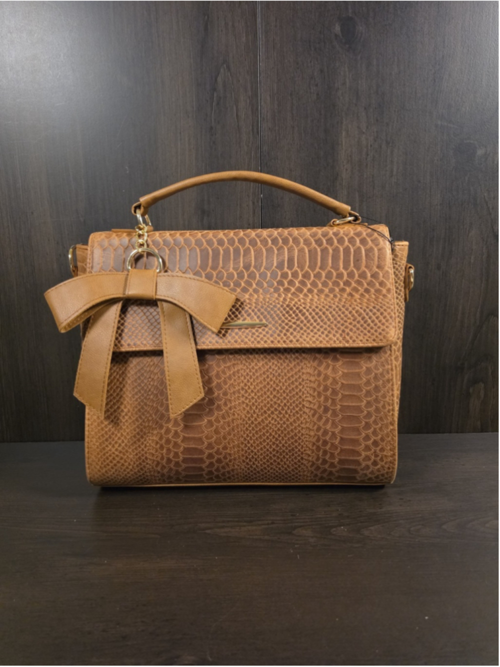 Bow Cognac Brown Snake Skin Embossed Tooled Artisan Cowhide LEATHER Bag Purse - Picture 8 of 16
